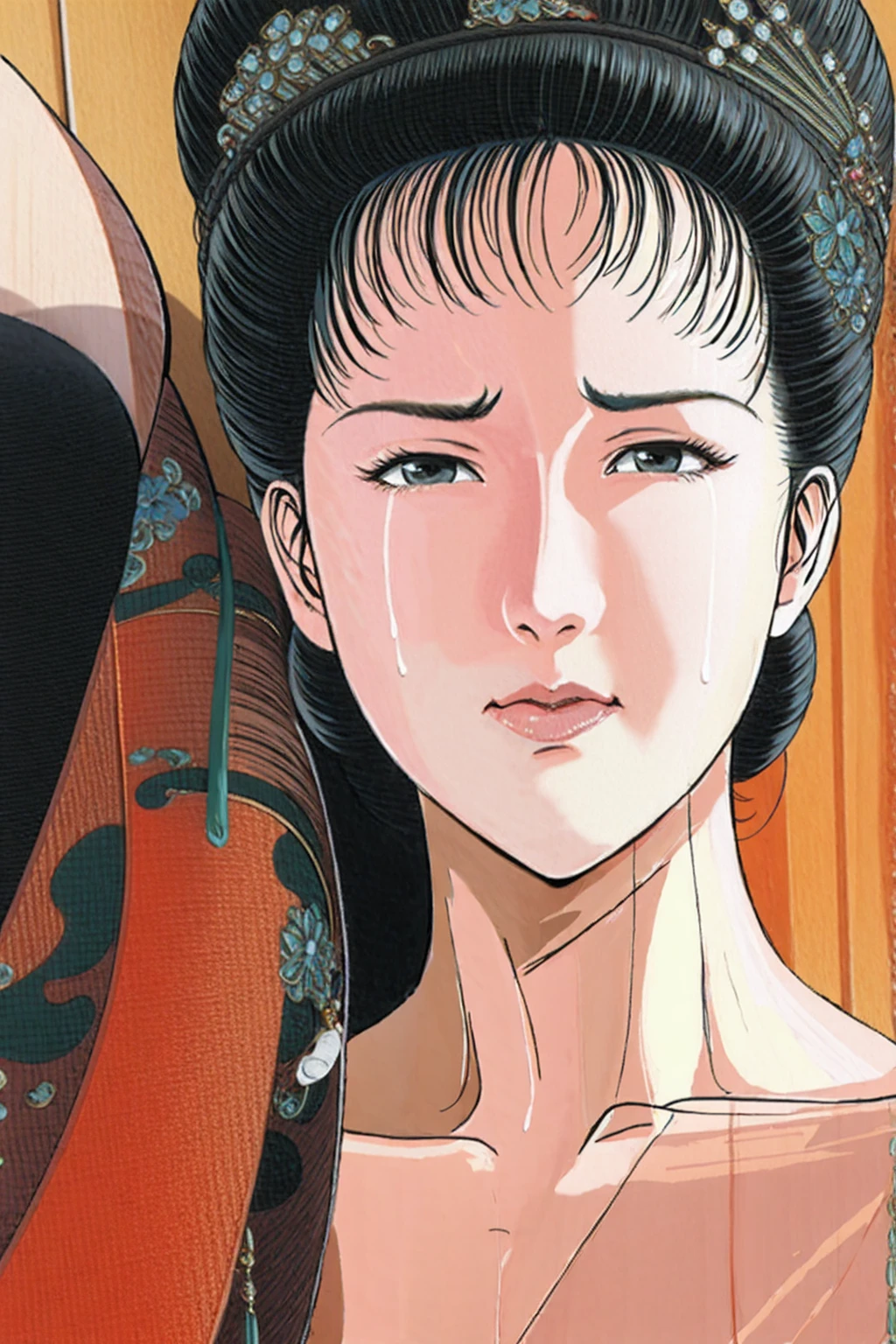 (best quality), (very aesthetic), (ultra-detailed), (best illustration),(a mature female),(perfect face),Suikoden,Mrs. Lin,(((NSFW))),((full_body)),((full_nude)),(crying),Covers mouth with right hand,red cheek,sweating,skinny,flushed skin,(hairly),(Missionary position sex),(resting the back of her head on a pillow),(She is lying face up on chinese traditional bed room),over head view