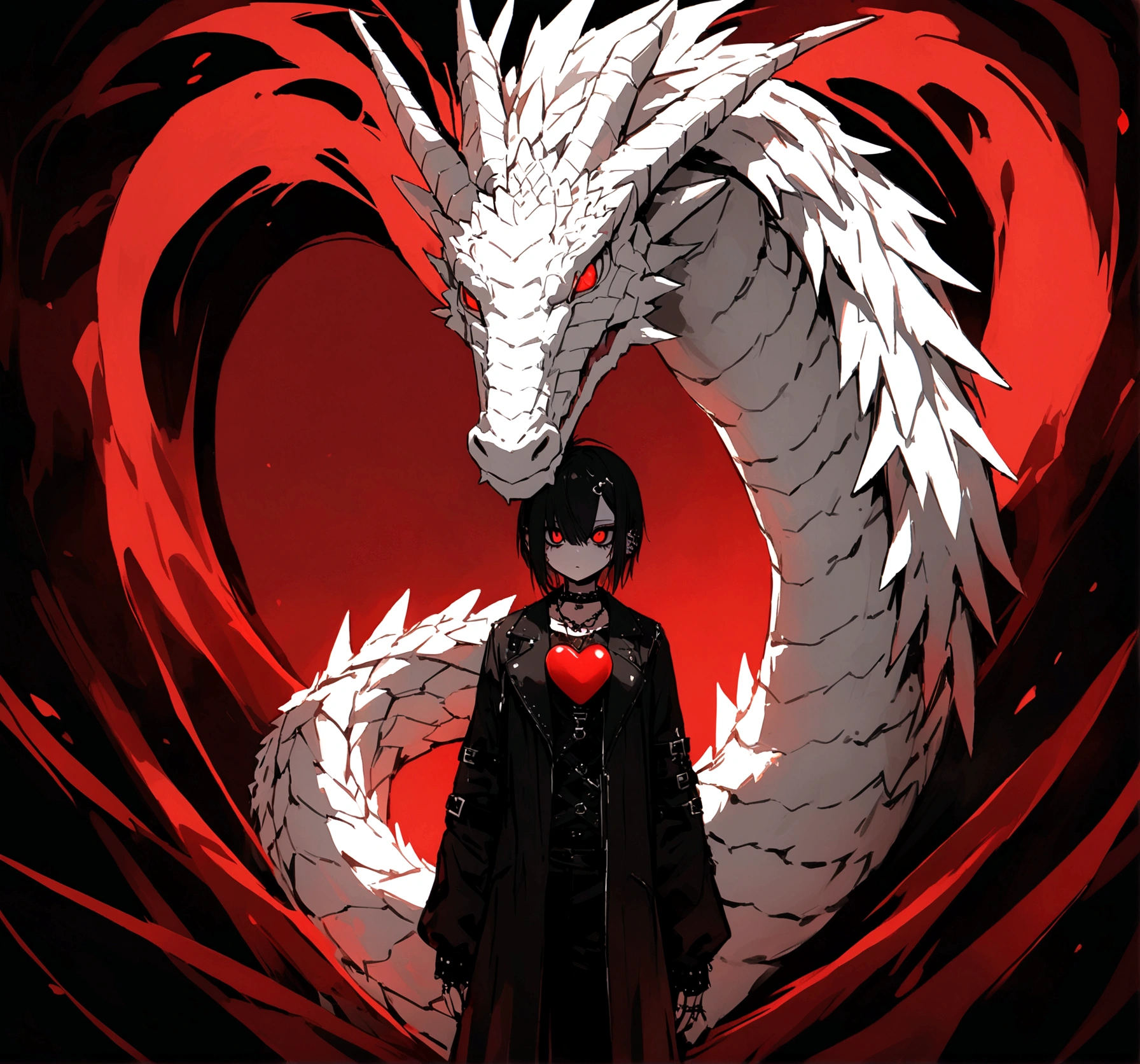 small stone dragon, high quality 4k 8k, no background, white dragon, wrapped around a crimson red heart, goth, emo, red and black heart