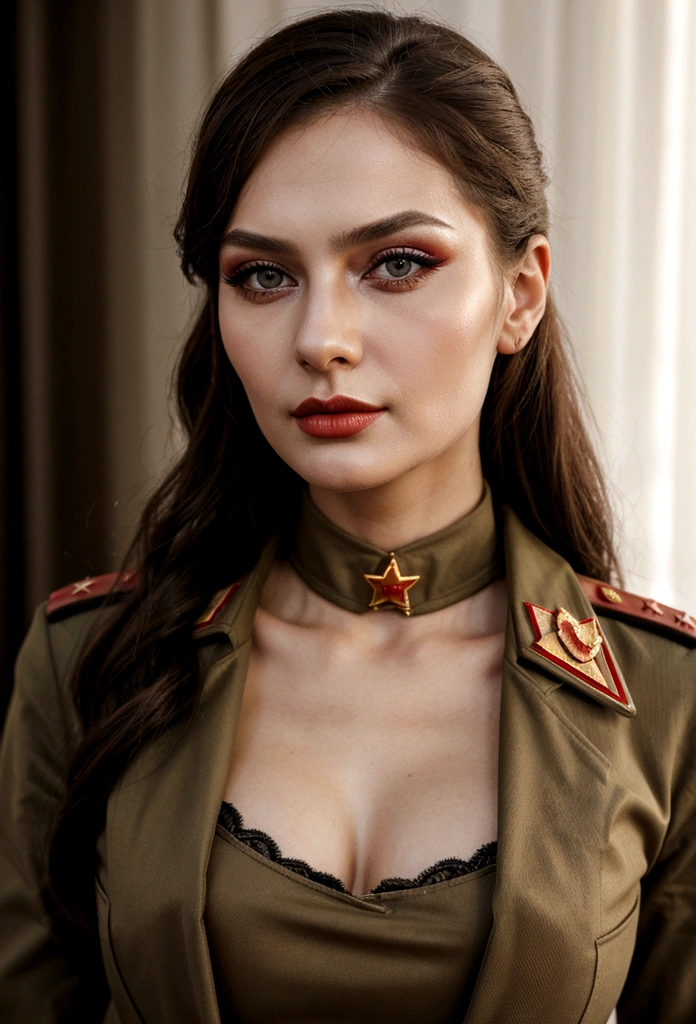 Soviet woman, Soviet officer, model appearance, a lot of makeup, sexy face with full makeup, DRESSED IN MILITARY UNIFORM