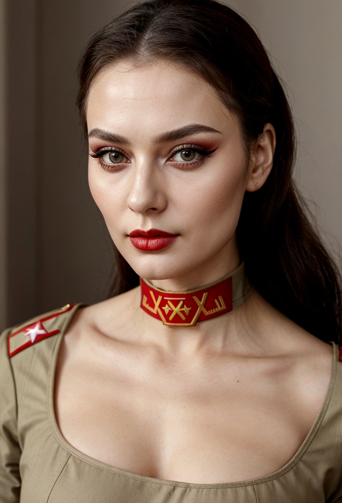 Soviet woman, Soviet officer, model appearance, a lot of makeup, sexy face with full makeup, DRESSED IN MILITARY UNIFORM