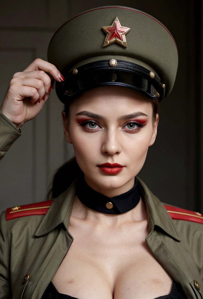 Soviet woman, Soviet officer, model appearance, a lot of makeup, sexy face with full makeup, DRESSED IN MILITARY UNIFORM