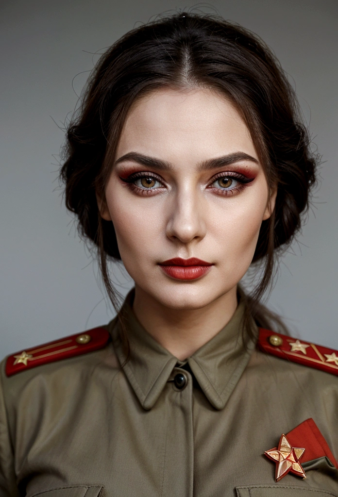 Soviet woman, Soviet officer, model appearance, a lot of makeup, sexy face with full makeup, DRESSED IN MILITARY UNIFORM