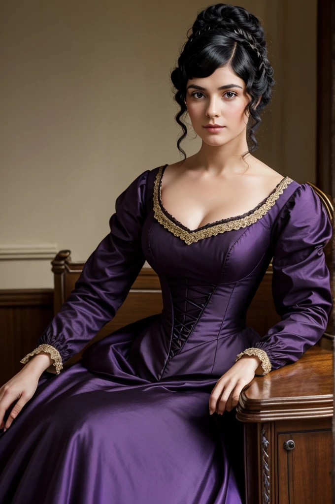 1800 Regency Era woman with black hair and brown eyes. Bridgerton style fashion. Purple dress.