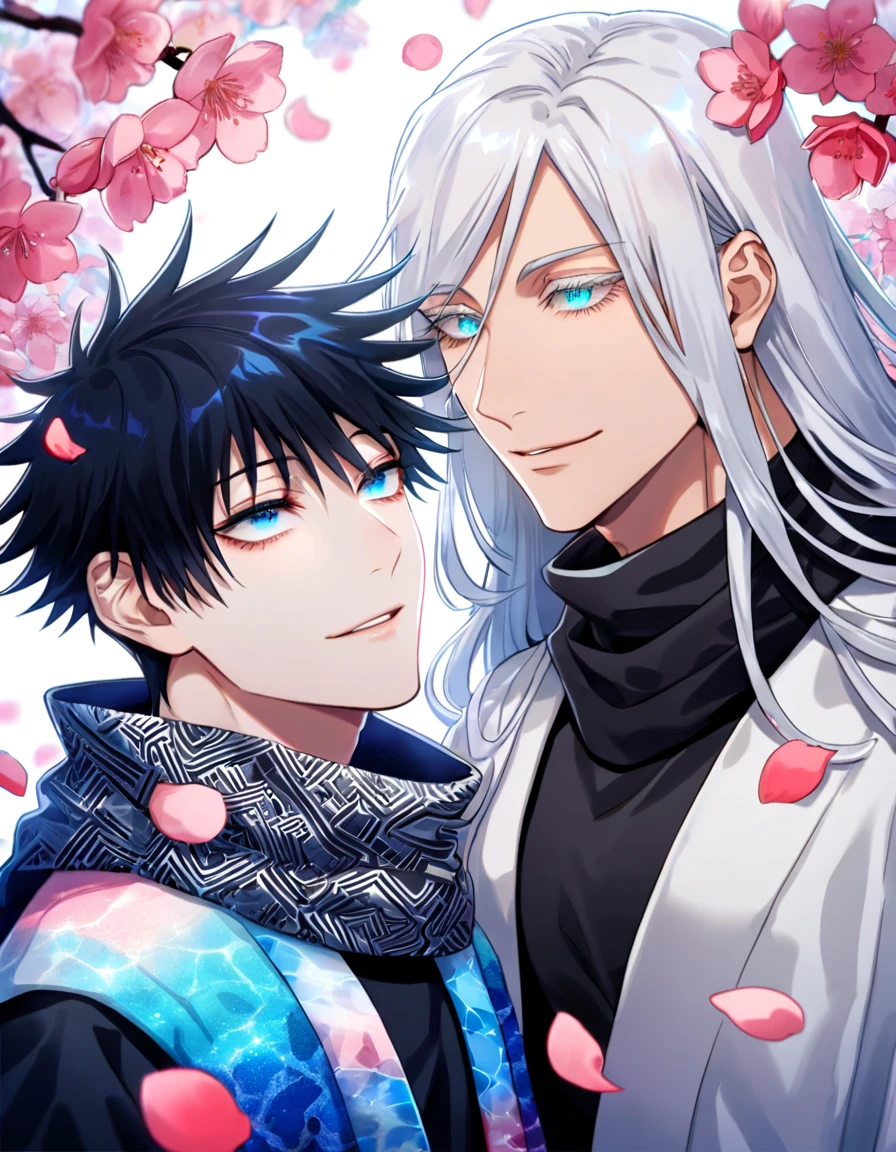 Ultra detailed, Highres, absurdres, HDR, Gojo Satoru, white hair with bangs, white eyelashes, long hair, expressive blue eyes, Fushiguro Megumi, black hair, expressive blue eyes, long hair, white haori with patterns, black shirt, black scarf, Jujutsu Kaisen, fantasy, petals, handsome, two sexy man together, gay couple, love, yaoi, very detailed eyes and face, master piece, pink flowers, blossoms, pink petals, magical, water, handsome smile
