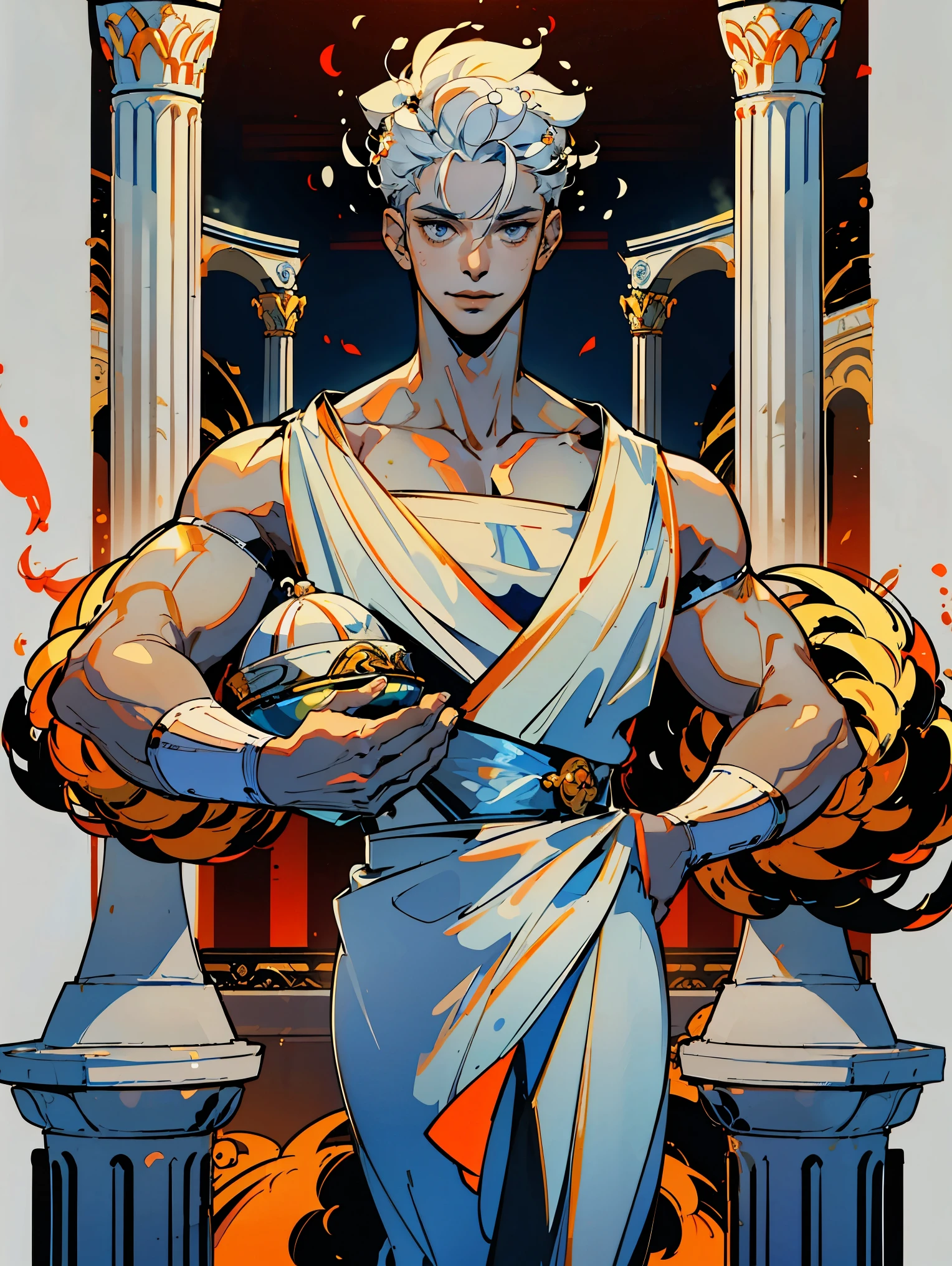 1boy, alone, 25 years old, young, white hair, blue eyes, insister sur les reflets des yeux bleus, cheveux blancs, mid lenght hair, bowl haircut, bowl hair cut, boss, formal business outfit, white outfit, white clothes, raising an eyebrow, smiling, hades style, hades game, Jen zee style, greek themed image, greek background, hypnos, tartarus scenery, fumes, greek columns in background, lots of columns, greek architecture, white themed image, white furniture, orange touches of color, orange walls, looking at viewer, urn of value hades game wiki obols, hades, game, obols