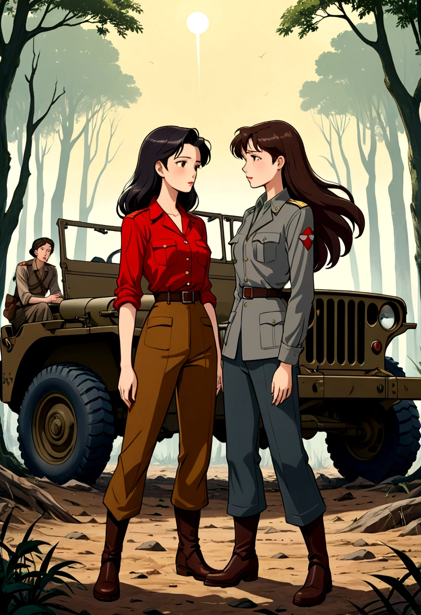 A heartbreaking anime style illustration ILLUSTRATION depicting two women in love in the middle of a desolate war-torn forest. The first woman with beautiful Asian features, with long, dark, flowing hair, wears a gray shirt, dark 40s pants and boots. She is facing the second woman, who has beautiful British features, brown hair and is dressed in a brown leather jacket, pants and a red 1940s style shirt. She is holding the first woman's arms, hoping she will come to her senses. . Her eyes are full of sadness and they are standing next to a war jeep. The title, "Uranus 2324," is written in bold and gold, 1940s war style, evoking a sense of longing and loss.