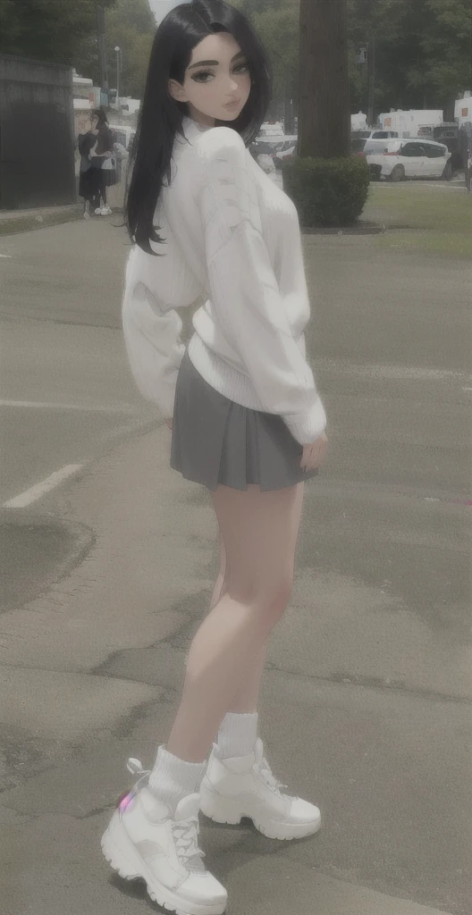araffe woman in a white sweater and grey skirt posing for a picture, good hips and long legs, legs visible, wearing skirt, wearing tight simple clothes, full body picture, casual pose, exposed thighs, wearing a white sweater, pretty face with arms and legs, side pose, exposed thighs!!!, wearing white skirt, in shorts, wearing a skirt