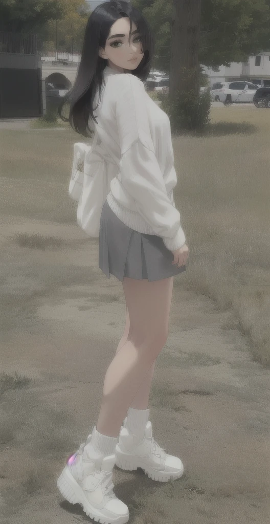 araffe woman in a white sweater and grey skirt posing for a picture, good hips and long legs, legs visible, wearing skirt, wearing tight simple clothes, full body picture, casual pose, exposed thighs, wearing a white sweater, pretty face with arms and legs, side pose, exposed thighs!!!, wearing white skirt, in shorts, wearing a skirt