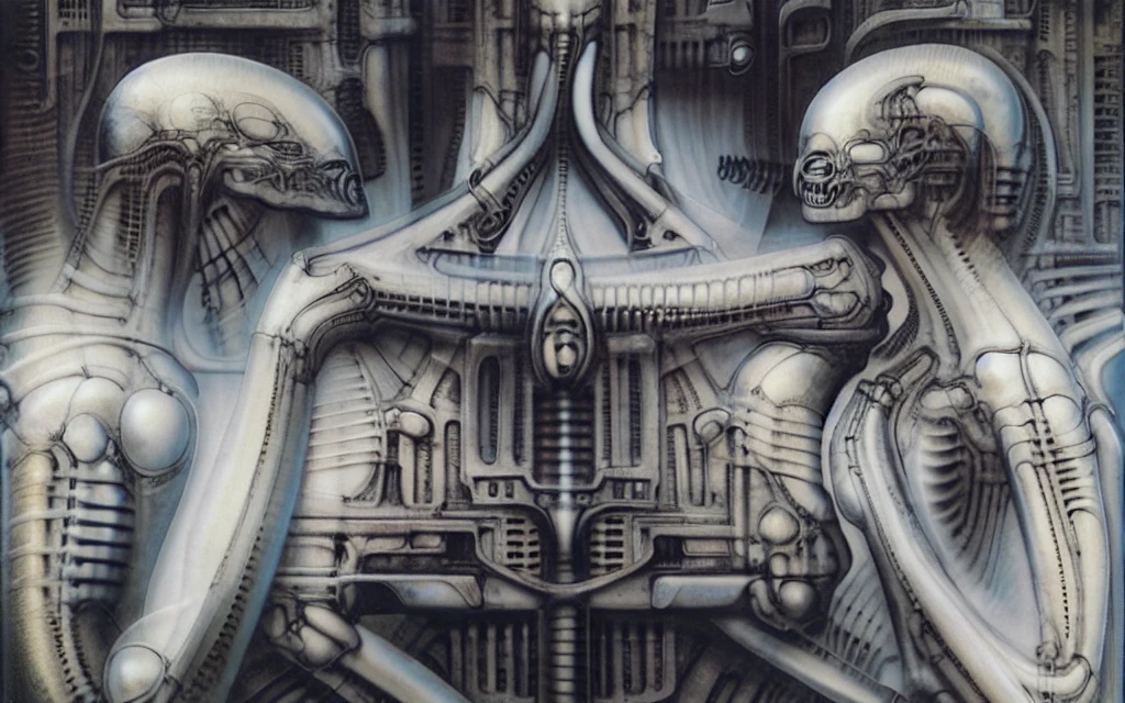 Giger_style, Create biomechanical tableau with some of the artistic techniques and compositional features used in /“The Tourist/” by H r (Hans Rudie) Giger:
The image is a surrealistic artwork featuring an alien robotics humanoid figures, each with a unique design, surrounded with pipes and gears, set against a background of intricate machinery
The central focus of the image is a nightmarish tableau of two biomechanical heads. They are connected by a network of pipes and tubes that appear to be either feeding them or draining them. The heads themselves are elongated and skeletal, with gaping maws. Their eyes are empty sockets, and their expressions are vacant and emotionless.
 Heads are humanoid but industrial and ivorysh, with pipes and wires integrated throughout their structure. One face appears to be screaming, the other has its mouth open like a maw. They are surrounded by various mechanical doodads and tubes, and blend seamlessly into the background of industrial machinery.The biomechanical heads could have represented some kind of alien creatures, or they could have been machines that had become sentient
Used Airbrushing is a technique for applying paint using a device that sprays a fine mist. It is often used to create smooth, even coats of paint, and it can be used to create very detailed effects. Giger's use of airbrushing in this image creates a hyperrealistic quality to the biomechanical landscape, making it appear even more alien and unsettling. It is also often used to create very smooth and even gradients of color.
The use of a dark palette with blacks, purplish browns, and grays creates a sense of mystery and dread. The dark colors obscure the details of the image, making it difficult for the viewer to see what they are looking at. This ambiguity adds to the unsettling nature of the work. The dark colors also help to emphasize the biomechanical elements in the painting.
The background features even more machinery, including pipes, gears, and cables. 