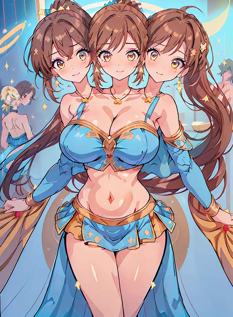 (16K), ((three headed woman)), smiling, highres, masterpiece, ((brown hair)), cleavage, large breasts, ((blue dress:1.5)), lustrous and smooth skin, (mature woman), seductive silhouette, ((crop top)), sexy proportions, Beautiful girl with accentuated slender abs, seductive woman, ((party background)), necklace, blue miniskirt, miniskirt, open belly, exposed midriff, strapless, sleeveless, yellow eyes, beautiful eyes, ((long bushy ponytail)), ((gala)), cowboy shots, very big tits, huge tits, open belly, exposed midriff
