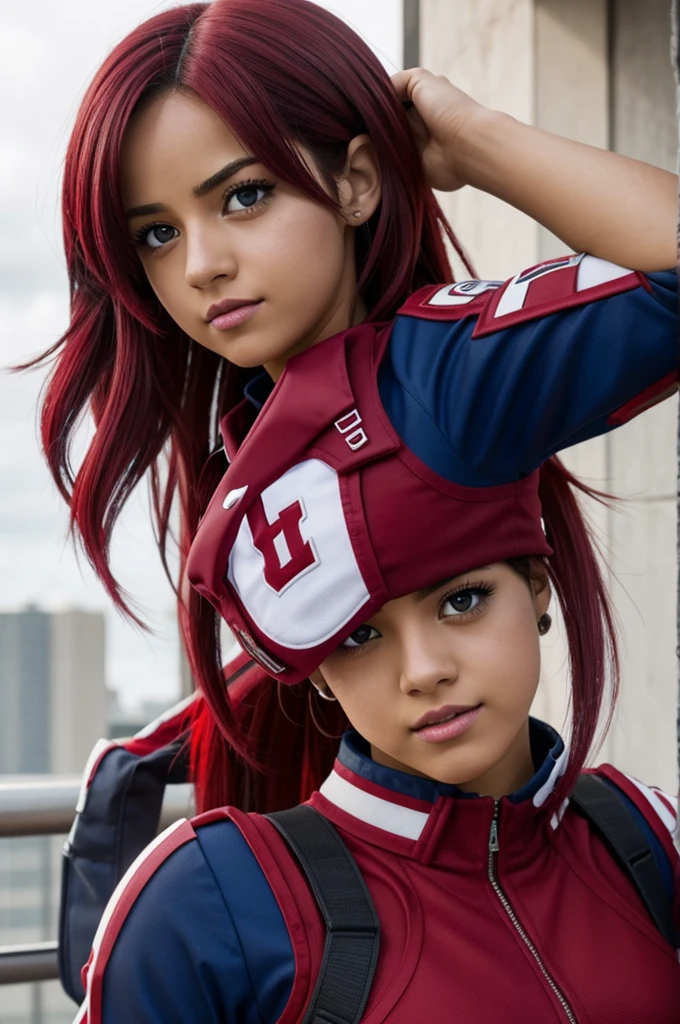 Chica de My hero academia, cabello de color rojo, ojos morados,alas moradas, tiene puesto un uniforme de la UA