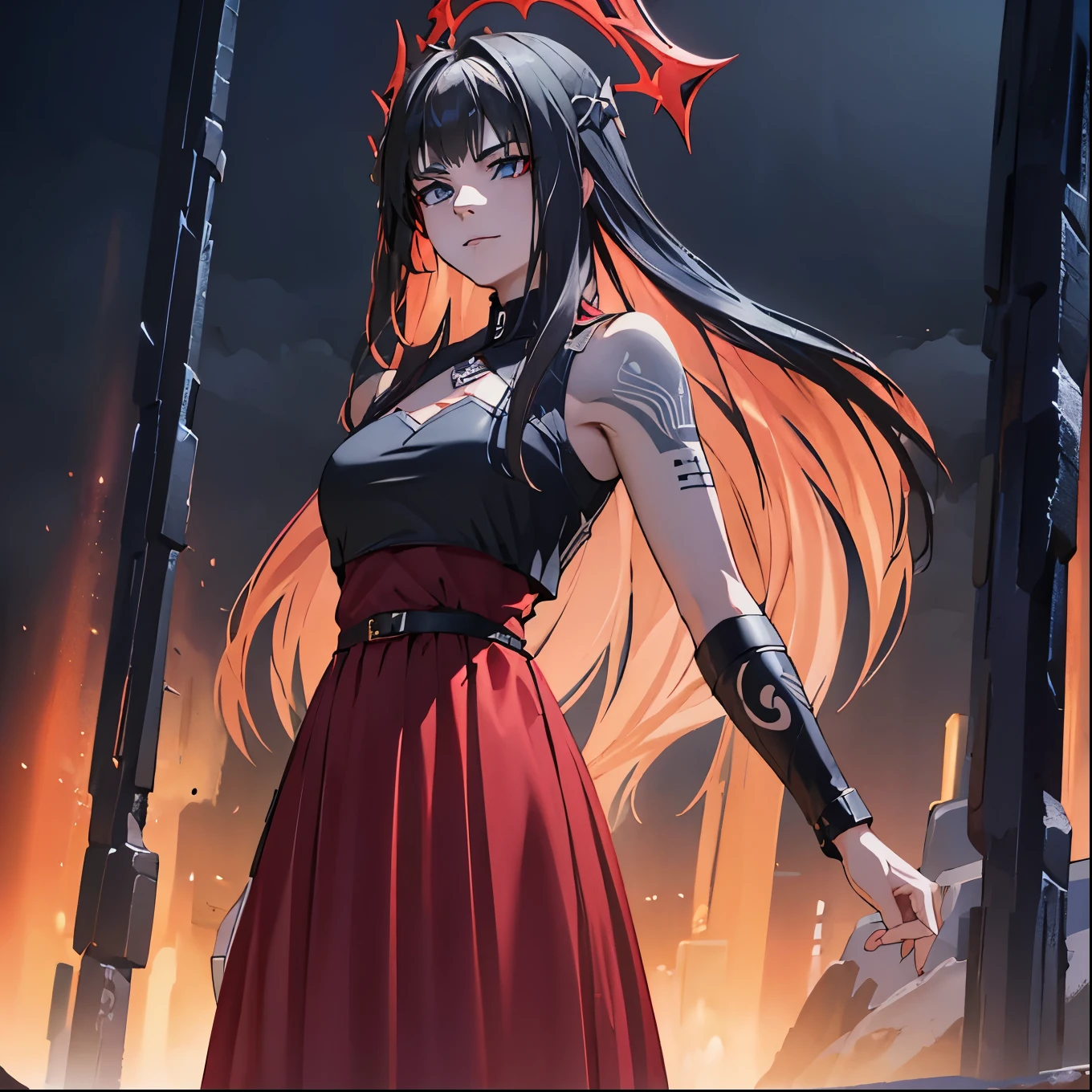 1 woman, detailed fantasy portrait, ((rune tattoos)), red and black hair, princess knight pants and gown dress, circlet, detailed armor, dramatic lighting, highly detailed, 4k, 8k, photorealistic, hyper-detailed, cinematic, epic, fantasy art, concept art, digital painting, vibrant colors, chiaroscuro, dramatic lighting