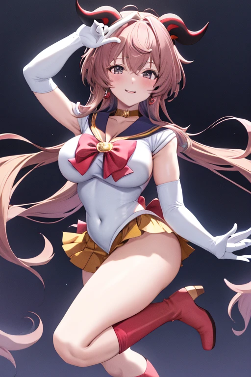 masterpiece, high definition, best quality, rendered art, well formed hands, fingers and body, 1 woman, solo, Ganyu, goat horns, adult, grown up, wearing Sailor Moon's outfit, big breasted, cleavage, full body, sexy sailor senshi uniform, short blue skirt, red boots, gorgeous hips, legs and thighs, white elbow gloves, sailor collar, tiara, earrings, dancing seductively and erotically, shaking her body, showing her back and front, wind lifting skirt, smiling joyfully and brightly, looking at the viewer, flirting, beach environment