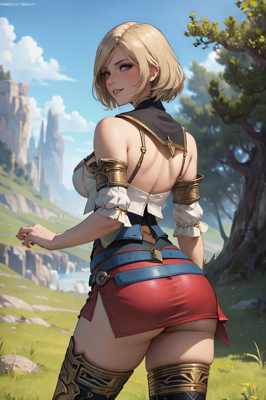 jambes grasses, gros seins, sourire, (extremely fine and beautiful:1.1), (perfect details:1.1), (finely detailed eyes and detailed face:1.3), Ashelia B'nargin Dalmasca, Final fantasy 12, 1girl, short hair, AsheliaOutfit, miniskirt, thighhighs, jewelry, belt, standing, cowboy shot, archery, dynamic pose, dynamic angle, outdoors, plains, hills, ((rear view))