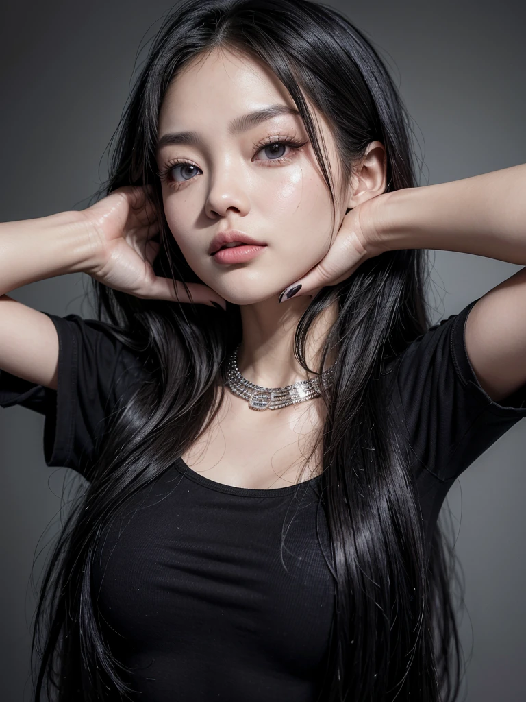 Kim jennie con la mirada seria, ojos marrones, cabello liso y brillante, labios gruesos y carmesi, ropa negra, su mano sosteniendo su cara, collar brillante con diamantes, black nails and black hair