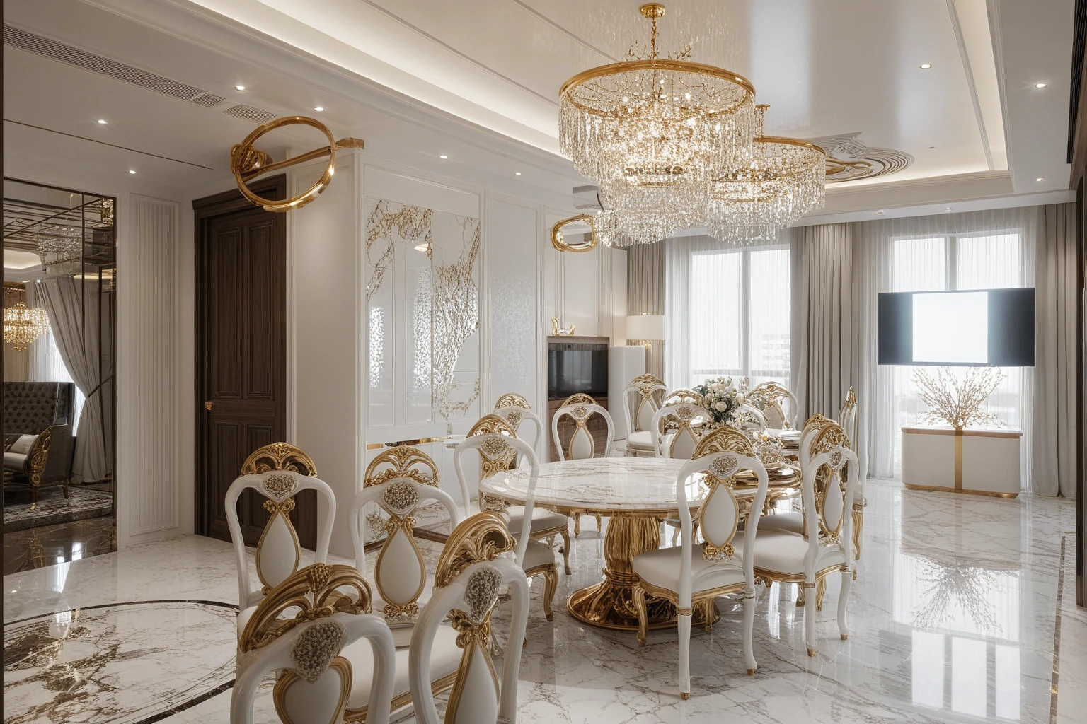 ,Masterpiece, Best quality,8K, Ultra-high resolution,When you step into the dinning room of restaurant room,Immediately surrounded by a rich atmosphere of luxury. The space  was covered with a soft white fluffy blanket,It is so comfortable,So much so that you can't help but indulge in it。Embellished with precious porcelain and white-off gold ornaments。Whenever it is late afternoon,The afterglow from the window spilled on the floor,Soft light and shadow are reflected,It was as if entering a dreamland. ((Wooden chair and table : 1.3)), ((COLUMN MIRROR : 1.3))