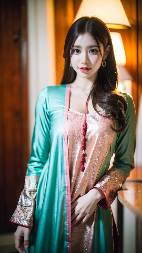 (((HD photo))), ultra high res.photorealistic:. 1.4, UHD An individual wearing shalwar kameez in an ultra-detailed and realistic manner, with every intricate detail of the fabric and stitching clearly visible. The image should showcase the best quality, with a resolution of 4k or 8k, resembling a masterpiece. The color palette should be vibrant and the lighting should highlight the texture of the clothing. The overall composition should be focused on the person, capturing their posture, expression, and the intricate patterns on the shalwar kameez. The art style should emphasize the beauty of portraits and highlight the cultural significance of the clothing