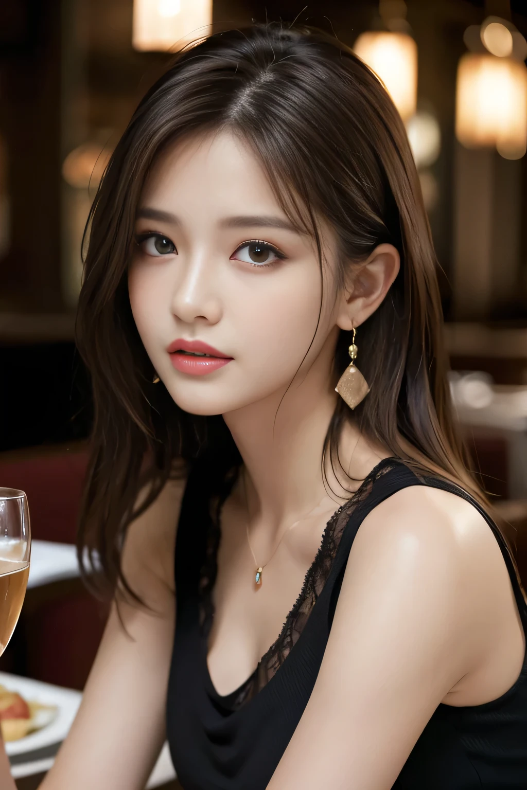 masterpiece, Highest quality, Realistic, Very detailed, Finer details, High resolution, 8k wallpaper, One beautiful woman, Wear a black see-through shirt, In a great restaurant, At night, Light brown messy hair, Perfect dynamic composition, Beautiful and beautiful eyes、Big earrings,Sleeveless shirt、