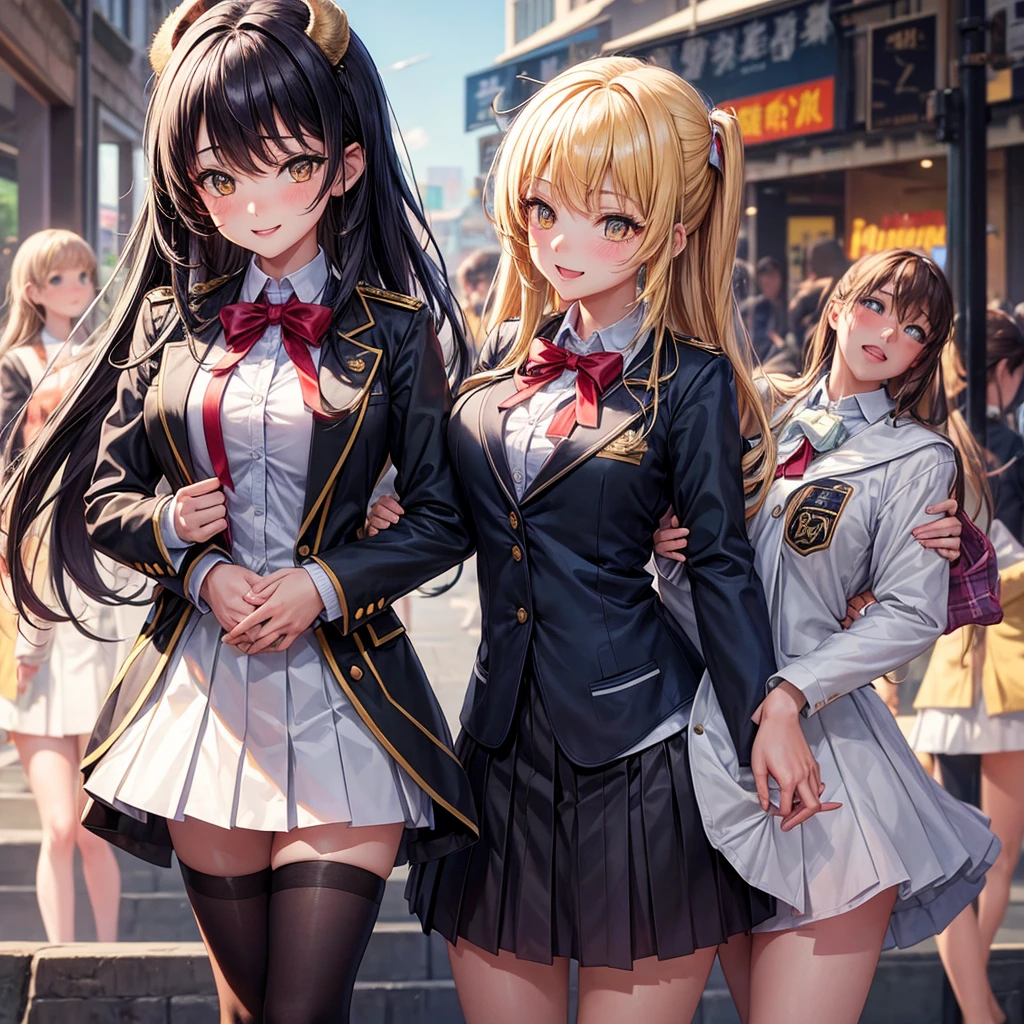 best quality,8K,smile,blazer,20 girls,ribbon on uniform,chool Graduation Ceremony,middle School girls,Girl groupultiple girls are depicted,Harem,idol group,photo shoot,long hair,wearing a cardigan,highest quality,big breasts,School festival,Festivals,Gathering of beautiful girls,Zippered cardigan,happy girl,horny girl,yellow eyes,perfect face,standing position,girls hugging each other,letting down one's bangs,beautiful eyes,corridor,girls hugging each other,smooth hair,multicolored hair colors,naughty girl,beautiful girl,beautiful girl,loose socks