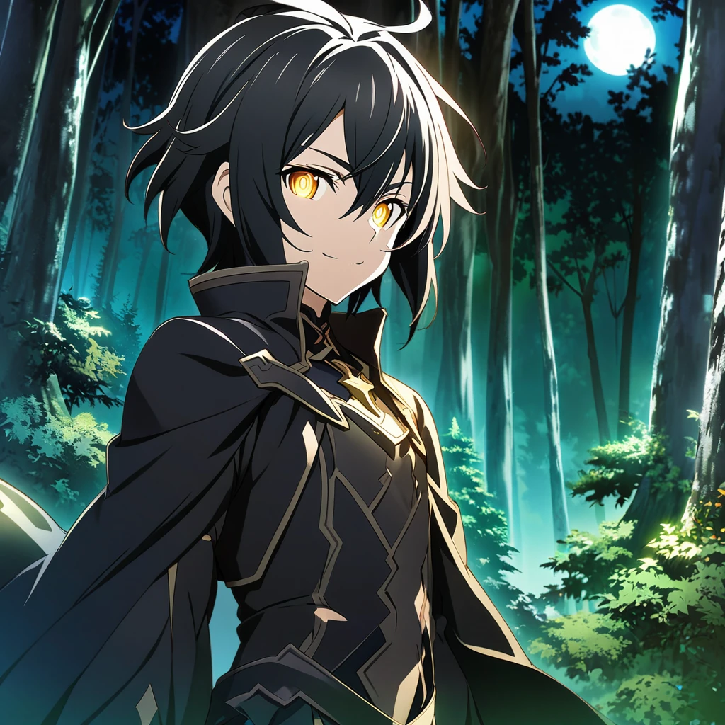 Hyakuya Mikaela \(Sword Art Online\), (short hair), (black hair), (glowing eyes), (Golden eyes):1.2, black costume, serious, smiling sharply, ((ultra-detailed)), ((illustration)), (neat hair)), (beautiful detailed eyes), (male), 1boy, looking down from the treetop ((night, forest, moon)), looking at viewer