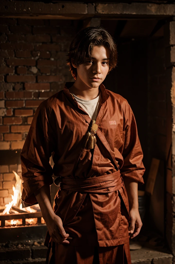 a teenage boy with hair burning red fire, wearing ancient clothes