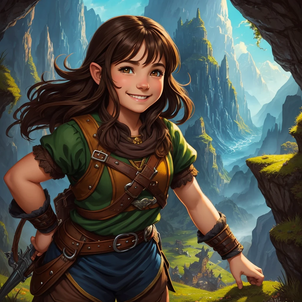 smiling fantasy brown hair girl halfling,black bear,illustration,ultra-detailed,painted style,vibrant colors,heroic pose,fantasy portrait,adventure theme,strong and fearless girl