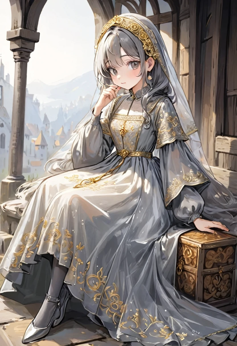 girl, Gold and silver embroidery, White-gray pearl medieval long dress(With panniers), Translucent fabric, Pull up the dress by hand, Strong winds, Translucent slip, Grey translucent tights, Peeking from below, Highest quality, Disorder of clothing, sit
