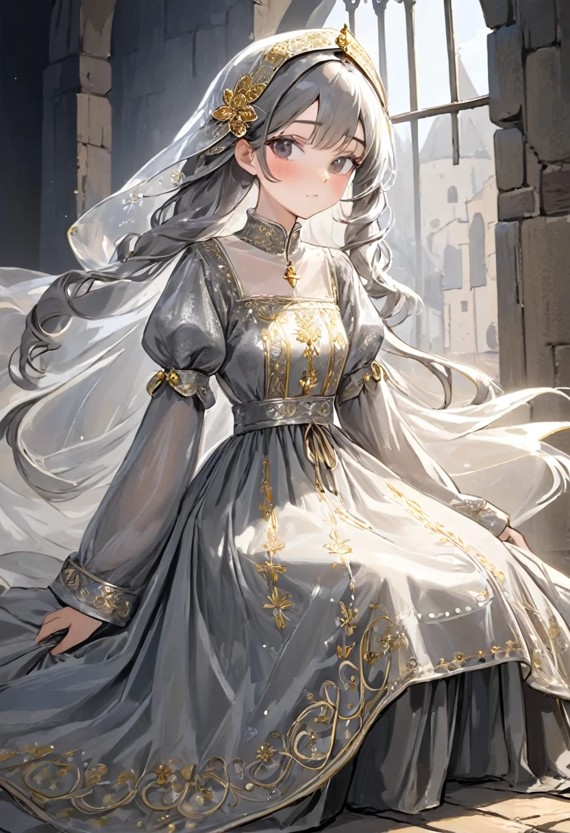 girl, Gold and silver embroidery, White-gray pearl medieval long dress(With panniers), Translucent fabric, Pull up the dress by hand, Strong winds, Translucent slip, Grey translucent tights, Peeking from below, Highest quality, Disorder of clothing, sit