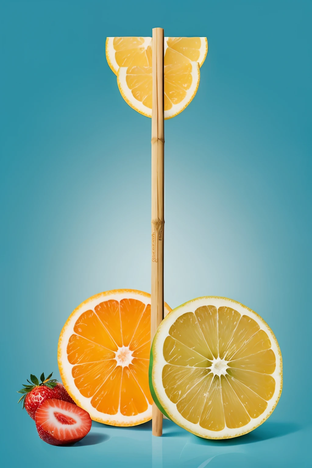 necesito un poster para anunciar una paleta de hielo hecha de electrolitos, fresh fruit and with a bamboo stick, in addition to the design of your packaging