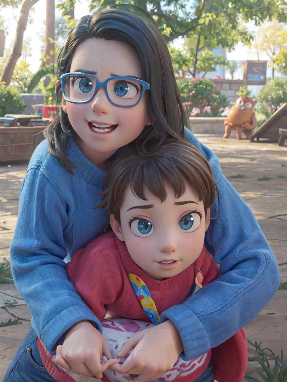 Make the image using a Pixar model and change the clothes for colorful clothes matching the color of the autism spectrum symbol 