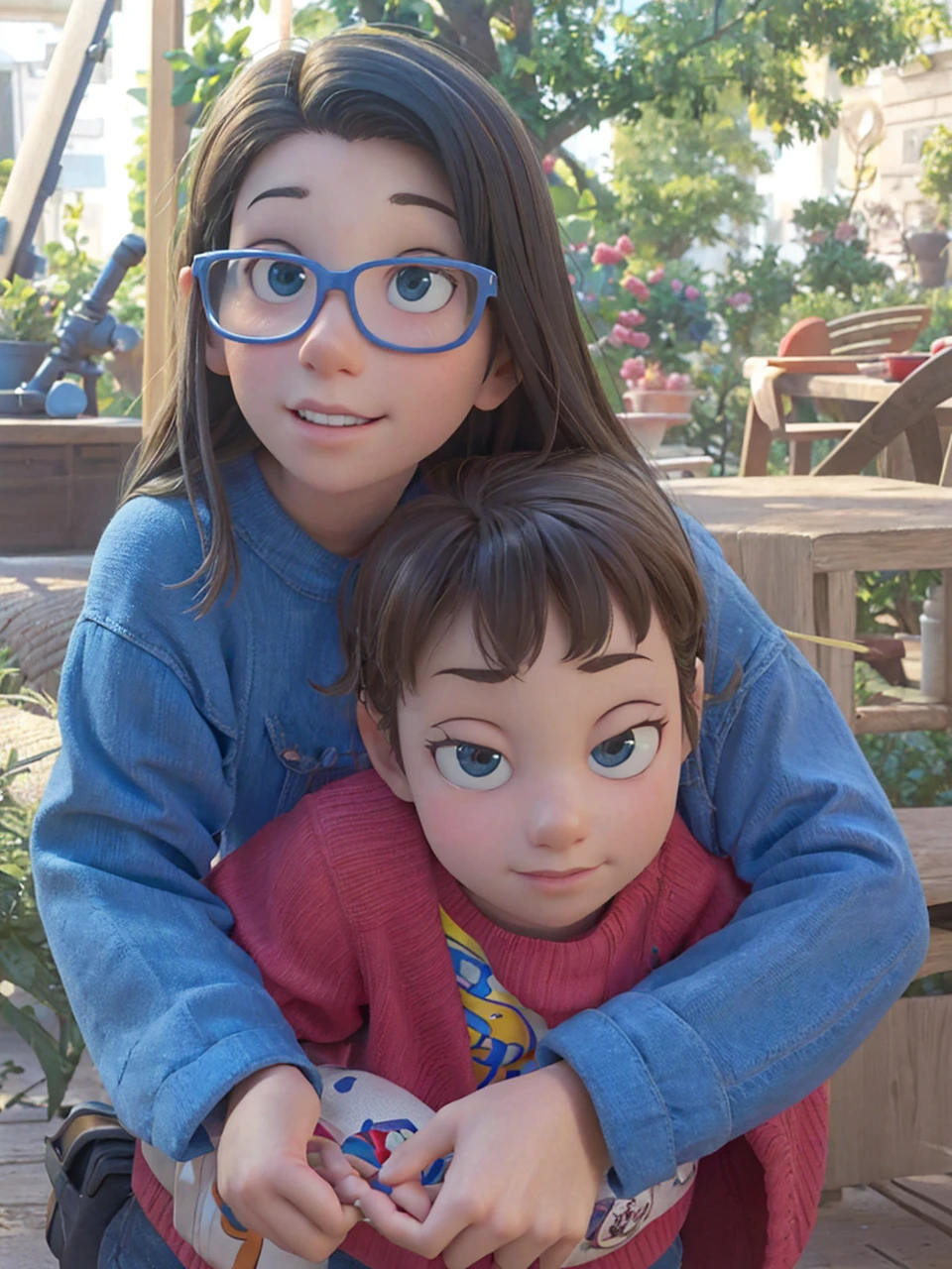 Make the image using a Pixar model and change the clothes for colorful clothes matching the color of the autism spectrum symbol