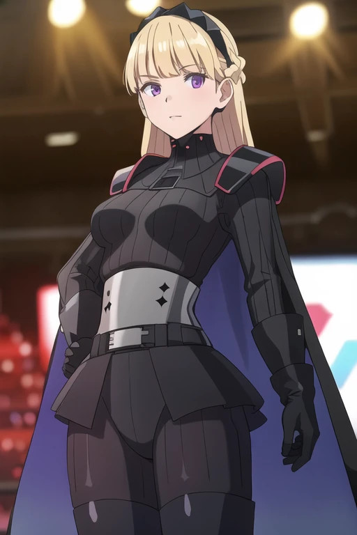 8k,highres,absurdres,masterpiece,best quality,original,extremely detailed CG,extremely detailed wallpaper,perfect lighting,1girl,solo,blurry_background,looking_at_viewer,standing on the stage,
AmSW,long hair,blonde hair,black gloves,purple eyes,black hairband,cape,black bodysuit,medium breasts,braid,blunt bangs,