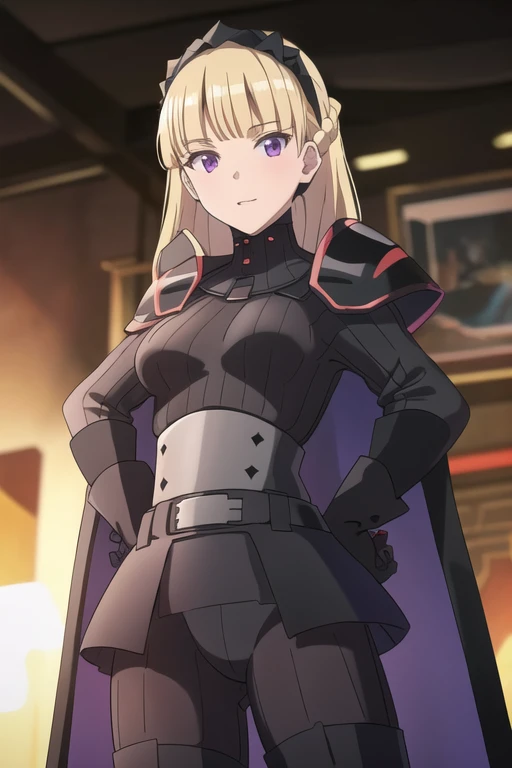 8k,highres,absurdres,masterpiece,best quality,original,extremely detailed CG,extremely detailed wallpaper,perfect lighting,1girl,solo,blurry_background,looking_at_viewer,standing on the stage,
AmSW,long hair,blonde hair,black gloves,purple eyes,black hairband,cape,black bodysuit,medium breasts,braid,blunt bangs,