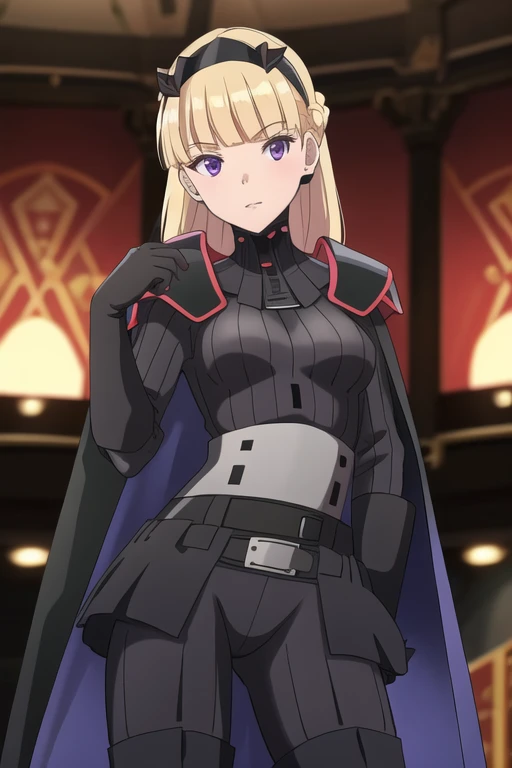 8k,highres,absurdres,masterpiece,best quality,original,extremely detailed CG,extremely detailed wallpaper,perfect lighting,1girl,solo,blurry_background,looking_at_viewer,standing on the stage,
AmSW,long hair,blonde hair,black gloves,purple eyes,black hairband,cape,black bodysuit,medium breasts,braid,blunt bangs,