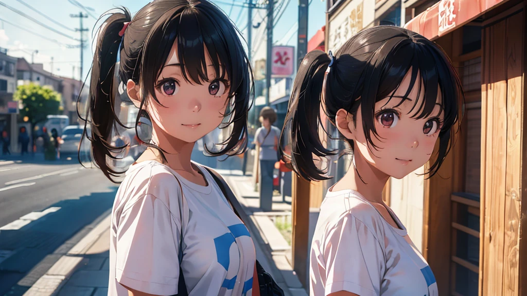 Realistic photos of cute Korean female stars, Uneven twin tails, light makeup, Middle breast size, smile, Color T-shirt, by bus, Clear facial features with crisp, realistic detail, Sony FE, 35mm, Cinema Lighting, Attention to detail, UHigh resolution, high quality, High resolution, 8k, 16K