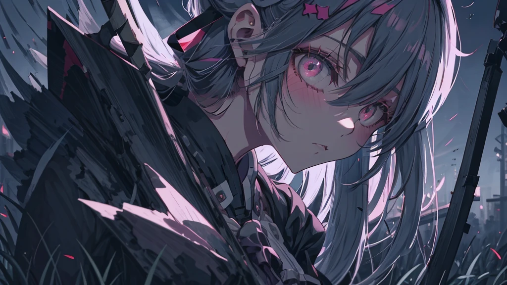 Close-up of a person holding a bloody axe in a field, Yandere. expensive, gapmoe Yandere grimdark, Yandere, gapmoe Yandere, Danganronpa digital art, Kantai Collection Style, portrait gapmoe Yandere grimdark, Fate-like anime style/Stay Night, Yandere intricate, Inspired by Honojin