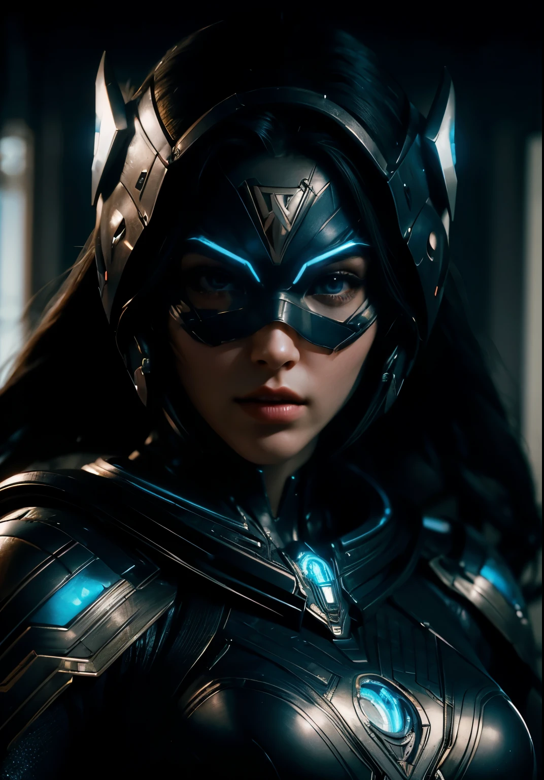 Waist up ((Extremely detailed asymmetric realistic masterpiece)) hyperrealistic masterpiece, Superhero very beauty girl ((in futuristic aesthetic style)) in extremely detailed tech plugsuit, cinematic illumination: 8k, glowing, concept art, smooth, sharp focus, illustration