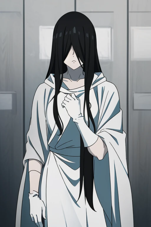 ((masterpiece)), (best quality), (absurdres), black hair, yamamura_sadako, white gloves, white cape (white dress, black obi), (grey skin), hair over eyes, eyes covered, looking at viewer, cape,