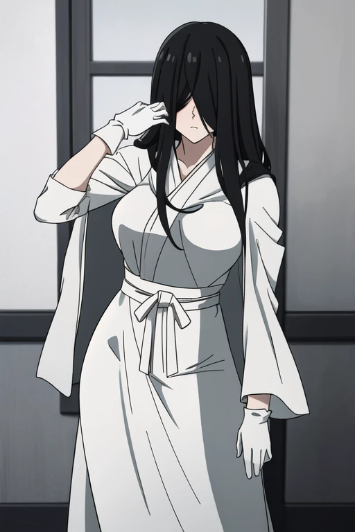 ((masterpiece)), (best quality), (absurdres), black hair, yamamura_sadako, white gloves, white cape (white dress, black obi), (grey skin), hair over eyes, eyes covered, looking at viewer, cape,