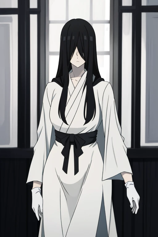 ((masterpiece)), (best quality), (absurdres), black hair, yamamura_sadako, white gloves, white cape (white dress, black obi), (grey skin), hair over eyes, eyes covered, looking at viewer, cape,