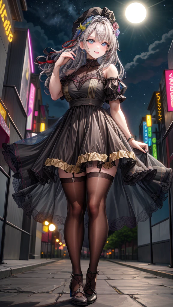 Alisa Kujou,
(night:1.7), 1 girl standing at attention, 22 years,hembra joven,hermoso Finger, hermoso long legs ,hermoso body ,hermoso Nose ,hermoso character design, ojos perfectos, perfect rostro,
There is an anime girl., 1 chica, muslos, solo, (falda muy corta:1.4), blue eyes, senos, vestido negro ,elegante , medias largas (vestido corto) , escote, arco, mano en la cadera, rubor, black muslos, arcotie, adentro, calzado marron, zettai ryouiki, mocasines, zapatos, large senos, mirando al espectador, toma media distacia, toma de cercana boca abierta, thighs,
mirando al espectador, sonrisa, saludando al espectador, en el centro de la imagen, Fondo de pantalla CG unity 8k extremadamente detallado, Perfect lighting,vistoso, Brillante_frente_rostro_Lightinasterpiece:1.0),(mejor_calidad:1.0), ultra high resolution,4k,ultra detallado,
Photography, 8k, hdr, high resolution, absurdos:1.2, codas portra 400, film grain, fondo borroso, bokeh:1.2, Destello de lente, (vibrante_color:1.2)
, (hermoso_rostro:1.5),(angosto_cintura), (hermoso,Enorme_senos:1.3)