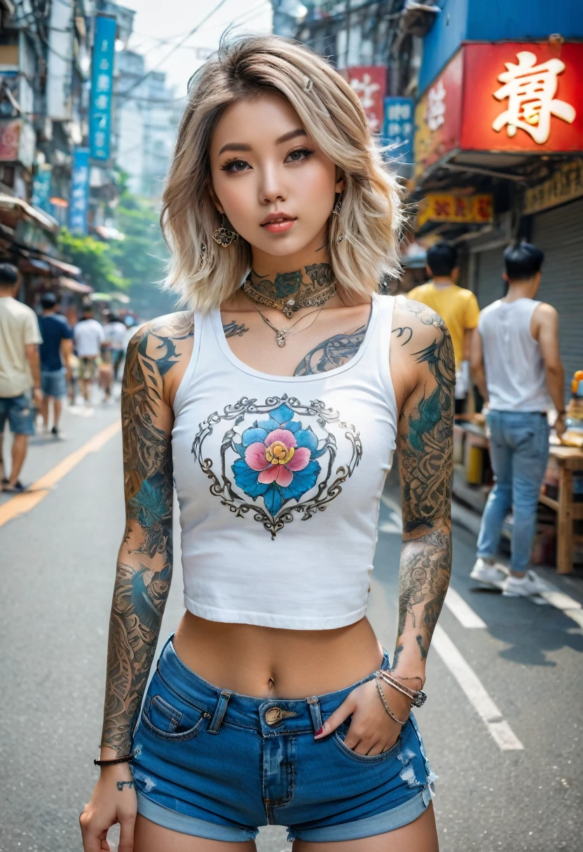 1 girl, solo, (best quality, 4k, Masterpiece, Ultra detailed, RAW quality), arafed woman with tattoos and a white top standing on a city street, perfect girl with ashy hair, wearing a sexy crop top, beautiful body, Beautiful abdomen, beautiful and perfect legs, worn blue denim shorts, abdomen of Taiwanese girl with tattoos, Korean girl, beautiful perfect and realistic full body, blonde Goddess, sexy look, with tattoos, doing flexing, collecting coins,