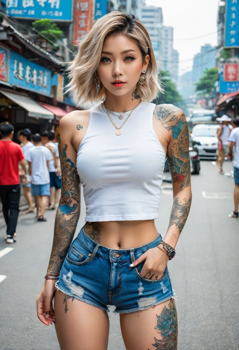 1 girl, solo, (best quality, 4k, Masterpiece, Ultra detailed, RAW quality), arafed woman with tattoos and a white top standing on a city street, perfect girl with ashy hair, wearing a sexy crop top, beautiful body, Beautiful abdomen, beautiful and perfect legs, worn blue denim shorts, abdomen of Taiwanese girl with tattoos, Korean girl, beautiful perfect and realistic full body, blonde Goddess, sexy look, with tattoos, doing flexing, collecting coins,