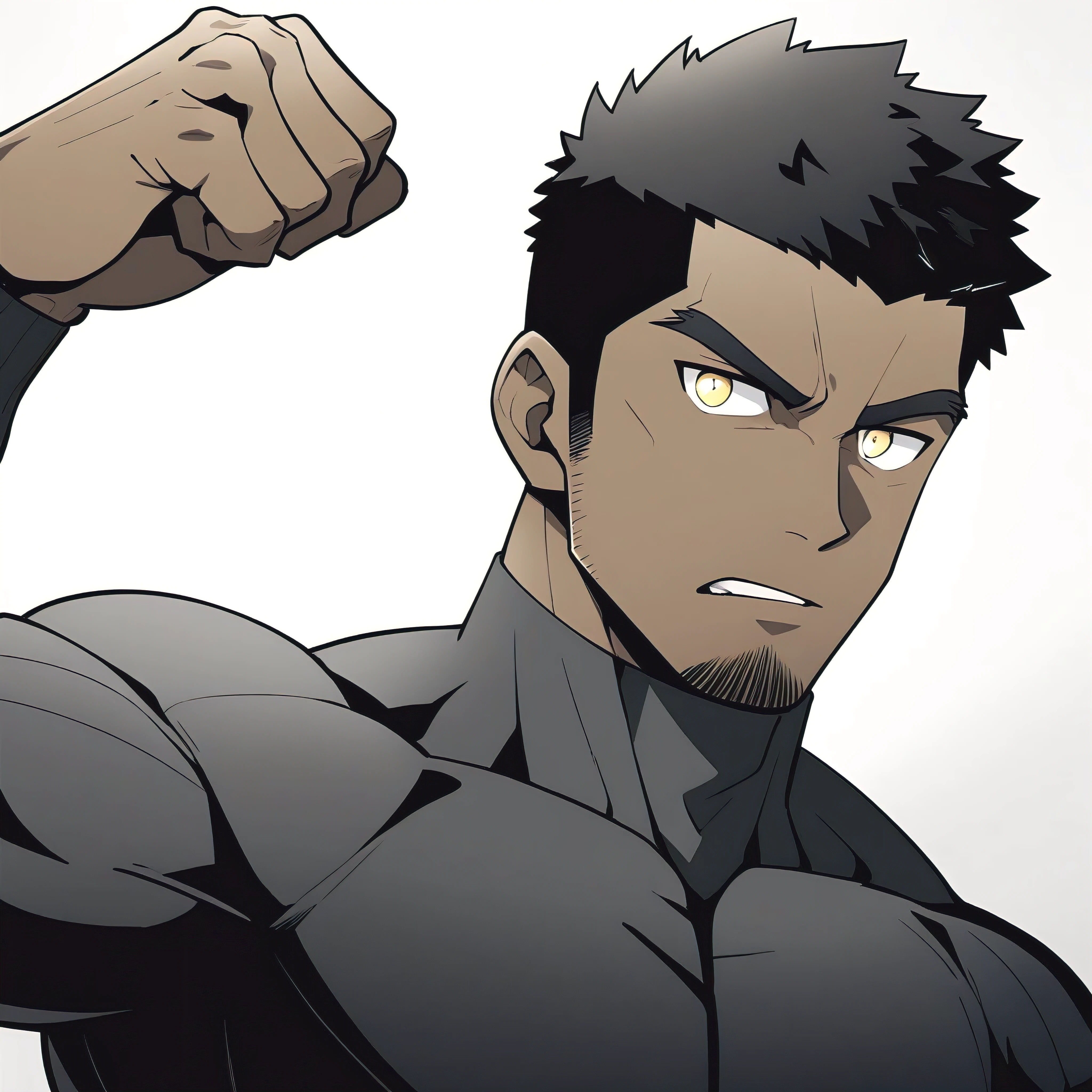 one negro, anime characters：Gyee, Hibino Kafka, One Muscle Sports Student, negro black skin, Very Black, muscular tough guy, Manliness, male focus, Grey long sleeve turtleneck tight t-shirt, Regular symmetrical pattern, Very tight, muscular male, muscular, only, Upper body, alone, Black short hair, Thick eyebrows, stubble, Yellow eyes, White background, simple background, amazing quality, best aesthetics, Ridiculous, bright pupils, crew cut, parted lips, v-shaped eyebrows, jitome, best quality