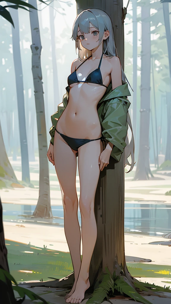 Gray-haired, flat-chested girl,Bikini,,barefoot,forest