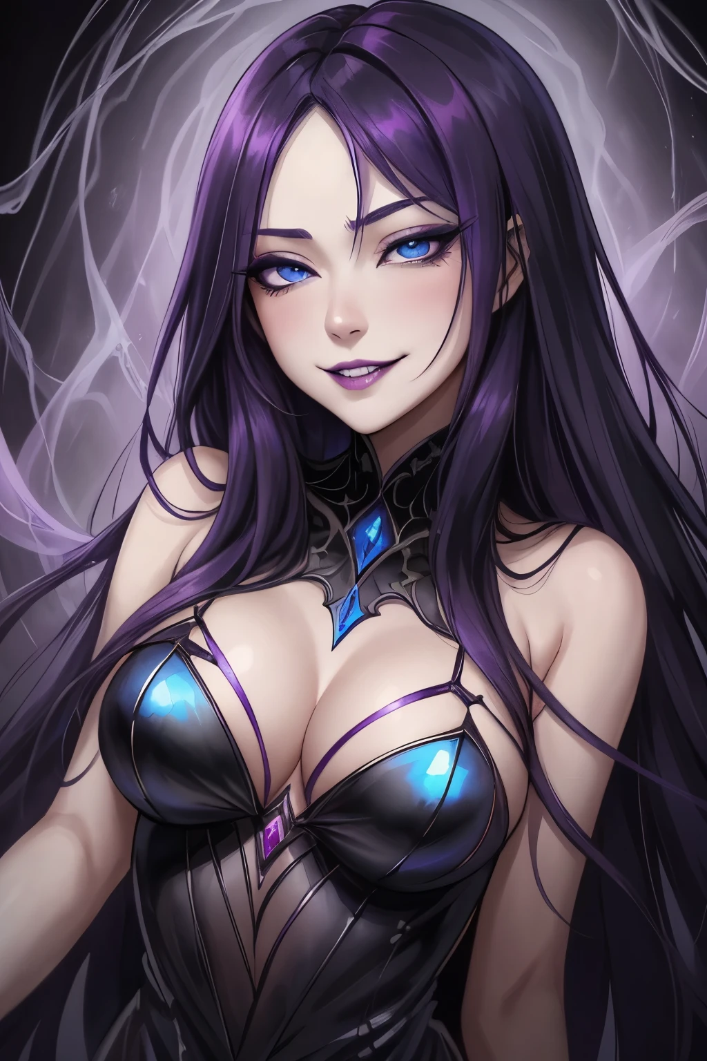 強力なスーパーevil女がクローズアップでポーズをとる, Black Goddess (Bare shoulders), length, Flowing purple hair, View your audience, Highly detailed face, Perfect hands, Blue smoke swirling around her, evil事を愛する, Captivating blue eyes, Dark fantasy, Genuine, Symmetric, High detail, Esoteric arachnids lady, Spider Queen Elise, League of Legends, Esoteric arachnids, Combat Stance, ( The body is made with liquid metallic paints in metallic mauve and metallic black..、It beautifully depicts the female form..。), length, Sharp Fangs, nature, ((Complex metallic colors in the foreground)), (( Fluid Mechanics, The most beautiful smooth scale face makeup, Smirking expression)) - Dark blood, Onyxia、Noir painting of a beautiful young witch, length purple hair, dark purple lips, evil, evil女, smile, Black Prom Dress, She is coming to you, close, Bright Blue Eyes, Surrounded by swirling pink smoke, Genuine, High detail, Highest quality