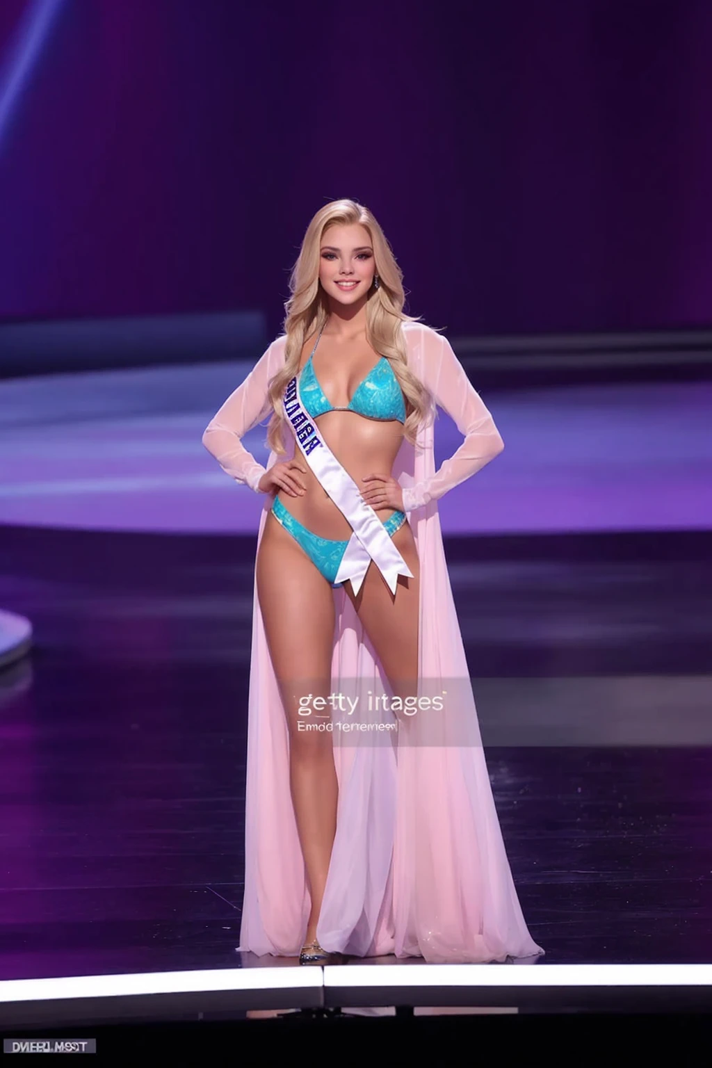 La concursante de Miss Estados Unidos, Candia Vandervoet, camina por la pasarela durante el concurso de Miss Estados Unidos en el casino mgm., Miss Universo, rendering of beauty pageant, fake images, Dasha Taran, 2 4 year old female model, bikini model, inspired by Louisa Matthíasdóttir, his hand is on her waist, Angelina Stroganova