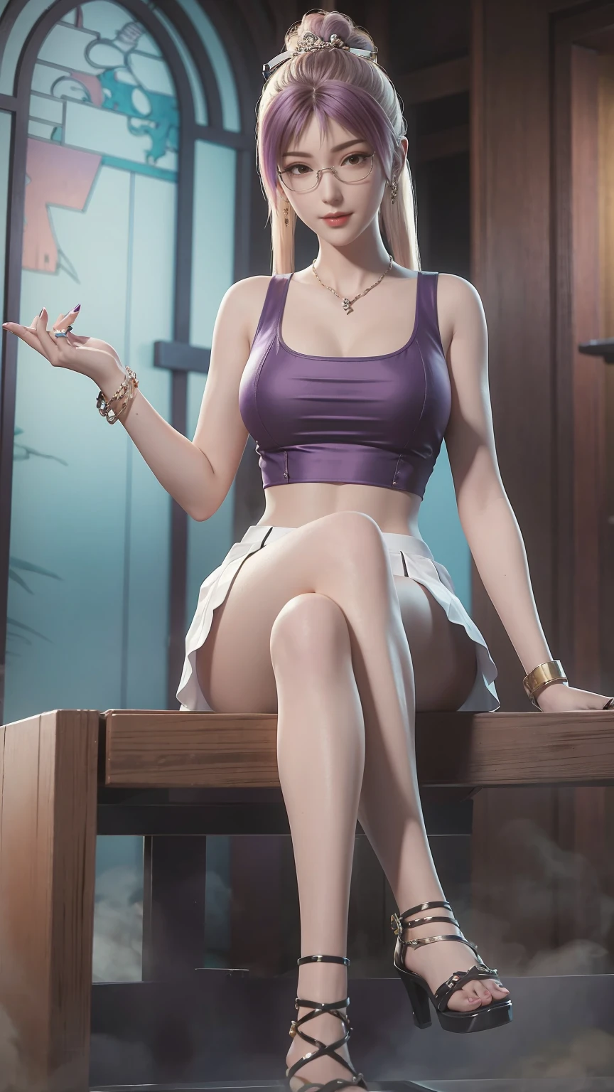 masterpiece,  best quality,  
tthl, 1 Girl, 30 years old, Solitary, Long hair:1.2, Large Breasts, Bangs, Hair accessories, Glasses, lasses 半无框Glasses:1.2,  下框Glasses:1.2, braided ponytails, skirt, Bare shoulders, Jewelry, Purple Eyes, Purple Hair, Alternative clothing, Nail polish, white skirt,  bracelet, earrings,  short skirt, purple skirt, bracelet, armband, ring,Toenails, Purple nails, High heel, 系带High heel, 细High heel, Charming smile,Cross your legs, sitting on object, indoors, From below 