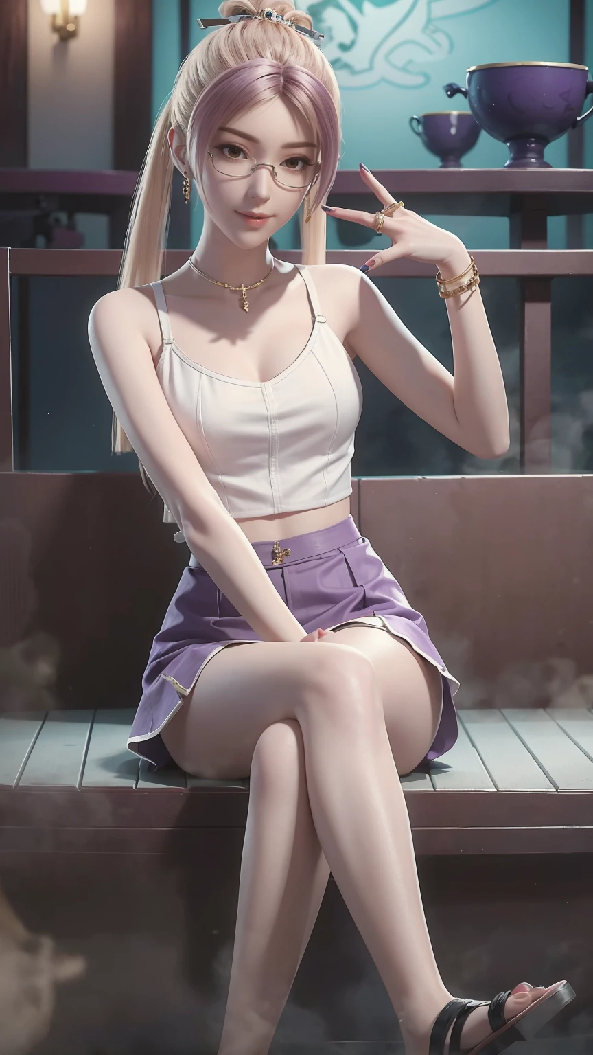 masterpiece, best quality,
tthl, 1 Girl, 30 years old, Solitary, Long hair:1.2, Large Breasts, Bangs, Hair accessories, Glasses, lasses 半无框Glasses:1.2, 下框Glasses:1.2, braided ponytails, skirt, Bare shoulders, Jewelry, Purple Eyes, Purple Hair, Alternative clothing, Nail polish, white skirt, bracelet, earrings, short skirt, purple skirt, bracelet, armband, ring,Toenails, Purple nails, High heel, 系带High heel, 细High heel, Charming smile,Cross your legs, sitting on object, indoors, From below