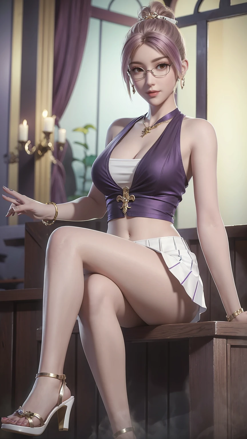 masterpiece,  best quality,  
tthl, 1 Girl, 30 years old, Solitary, Long hair:1.2, Large Breasts, Bangs, Hair accessories, Glasses, lasses 半无框Glasses:1.2,  下框Glasses:1.2, braided ponytails, skirt, Bare shoulders, Jewelry, Purple Eyes, Purple Hair, Alternative clothing, Nail polish, white skirt,  bracelet, earrings,  short skirt, purple skirt, bracelet, armband, ring,Toenails, Purple nails, High heel, 系带High heel, 细High heel, Charming smile,Cross your legs, sitting on object, indoors, From below 